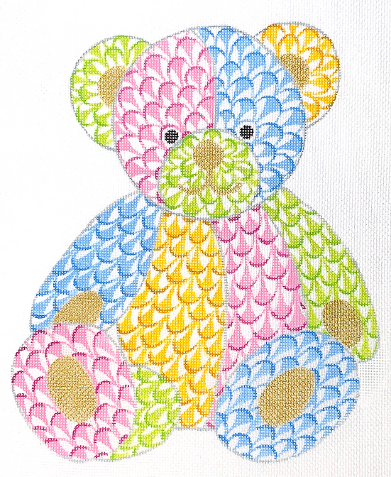 Herend-inspired Fishnet Patchwork Teddy Bear – pinks, blues, yellows & greens with gold