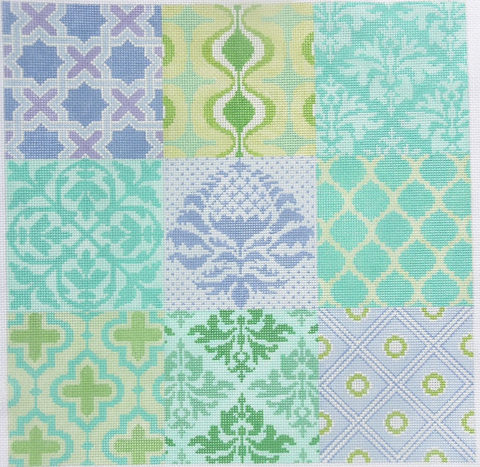 Damask Wallpaper Patchwork – turquoise, greens & periwinkles