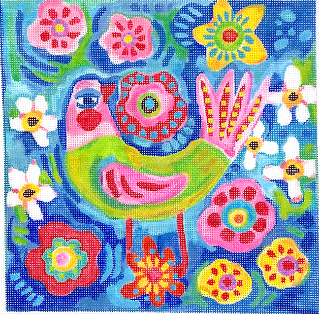 Julia Eves – Pink & Green Bird w/ Flowers – on blue background