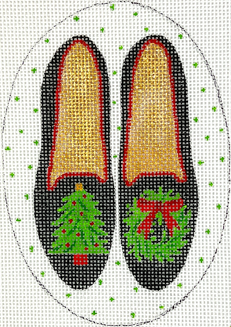 Christmas Ornament – Black Velvet Shoes w/ Tree and Wreath