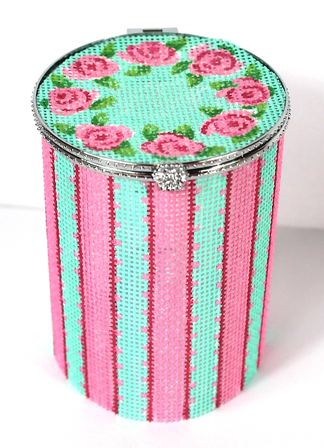 Limoges Box – Med. Round Wreath of Roses & Picot Ribbon Stripes – pinks, greens & Caribbean (silver clasp)