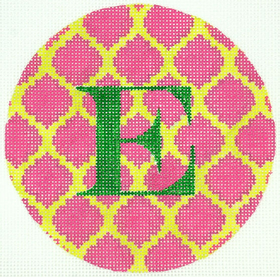 4” Round – Quatrefoils – fuchsia on lime w/ emerald letter