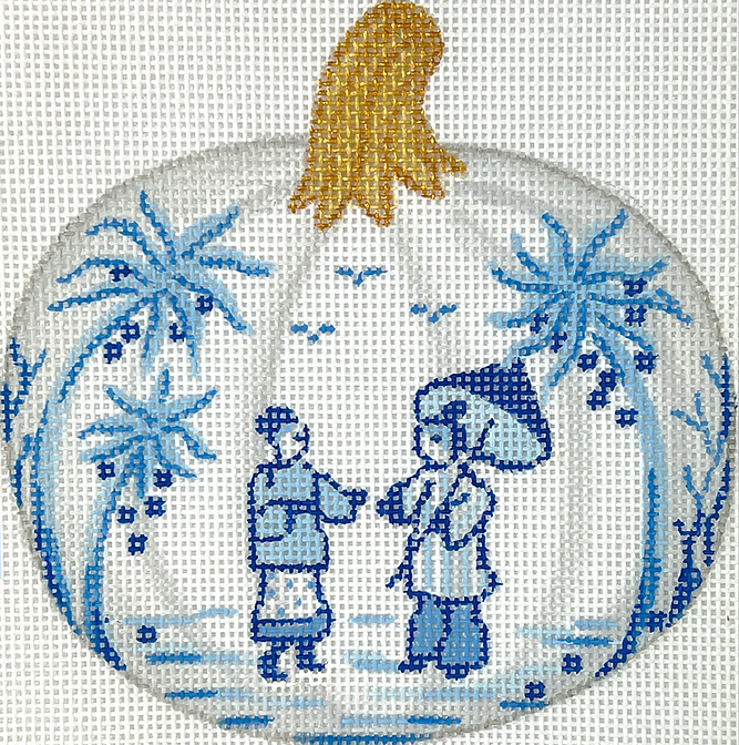 Mini Chinoiserie Pumpkin – Small Round w/ People, Parasol & Palms – white w/ blues & golds