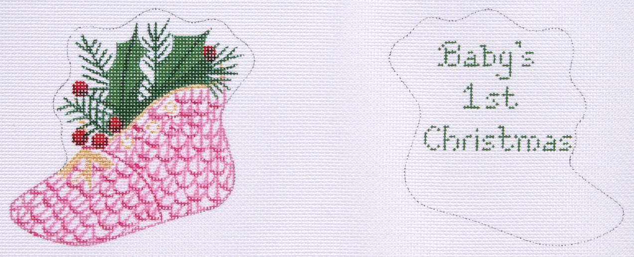 Christmas Ornament – Herend-style 2-sided Baby Shoe w/ Holly – “Baby’s First Christmas” – pinks & green w/ gold