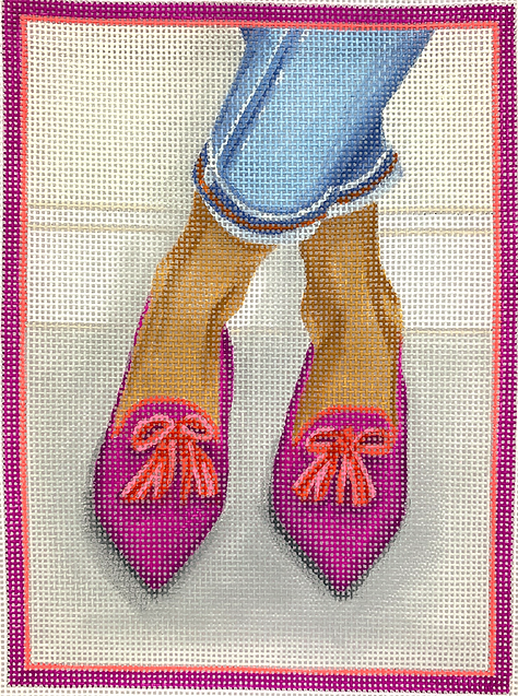 Here’s Looking At Shoe – Pointy Flats with Tassels – plum w/ red & pink