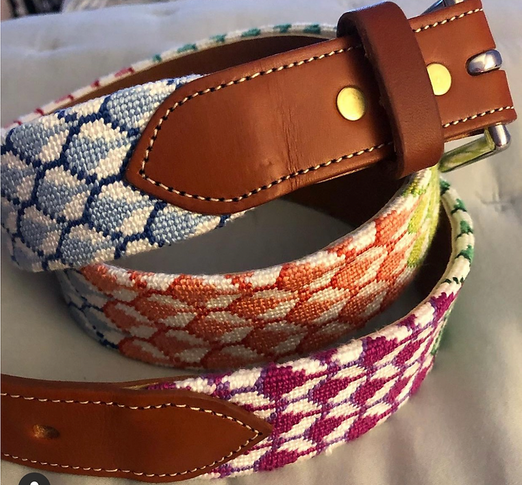 Belt – Herend-inspired Fishnet Patchwork – pink, yellow, purple, brown, aqua, lime, black, cinnabar, blue & emerald