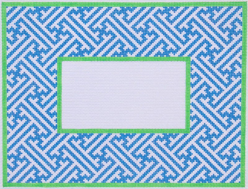 Med. Rect. Chinoiserie Lattice w/ Monogram Space – blue w/ green (lettering chart available)
