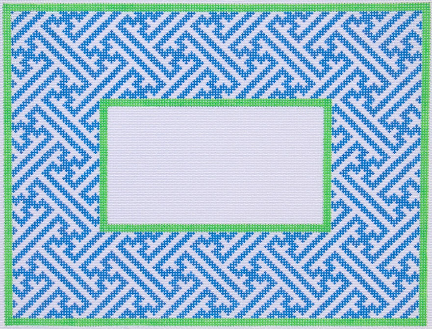 Med. Rect. Chinoiserie Lattice w/ Monogram Space – blue w/ green (lettering chart available)