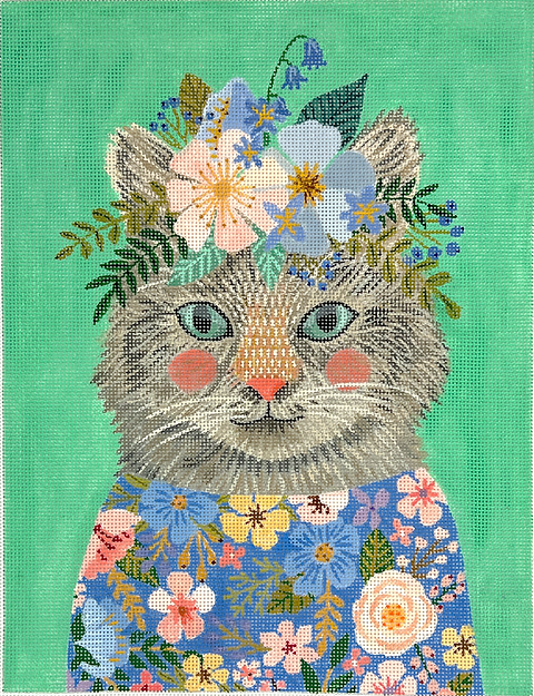 Mia Charro – Kitty in Blue & Coral Flowered Dress – on jade green