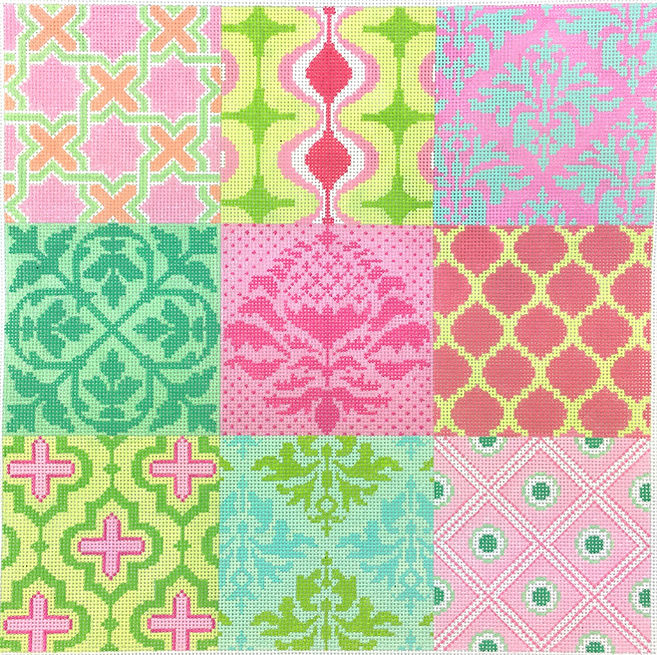 Damask Wallpaper Patchwork – pinks, greens & turquoise