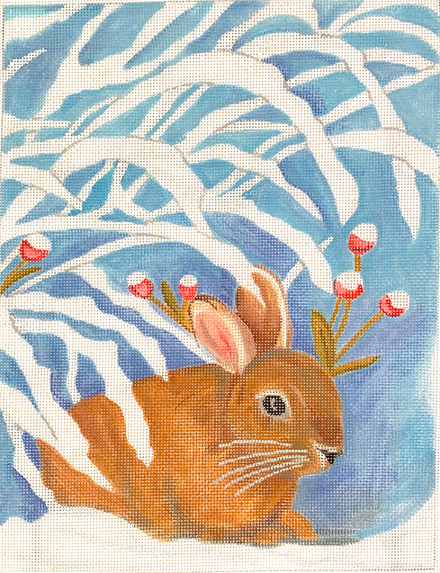 Sarah Saltus – Winter Bunny w/ Red Berries in Sparkly Snow – mixed blue background