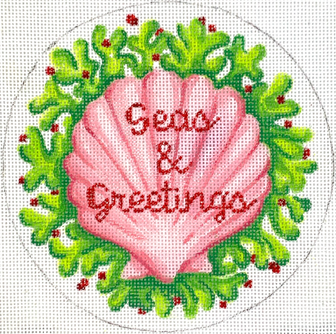 Christmas Ornament – “Seas & Greetings” Pink Scallop on Green Seaweed w/ Red Berries