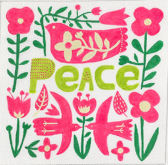Carolyn Gavin – Peace w/ Doves & Flowers – hot pink, greens & cream