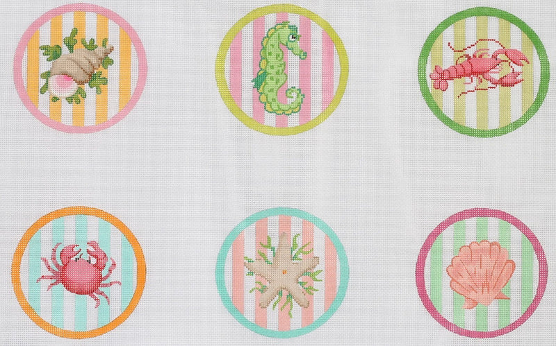 Set of 6 Coasters – Bright Sea Creatures on Cabana Stripes