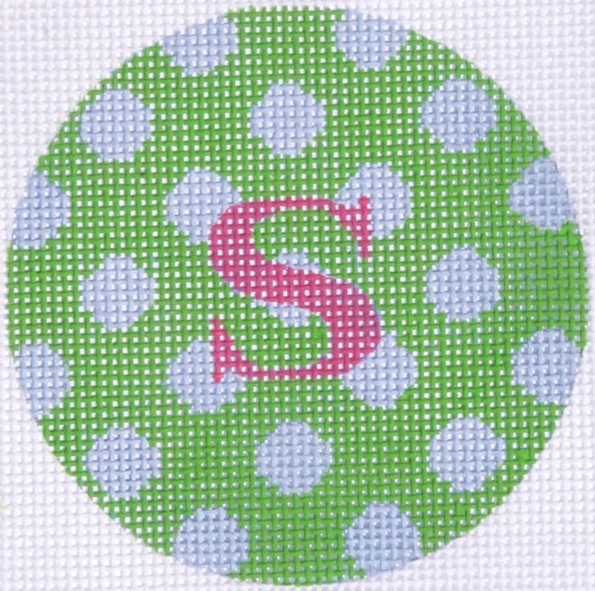 3" Round – Kelly Green w/ Periwinkle Polka Dots & Fuchsia Letter
