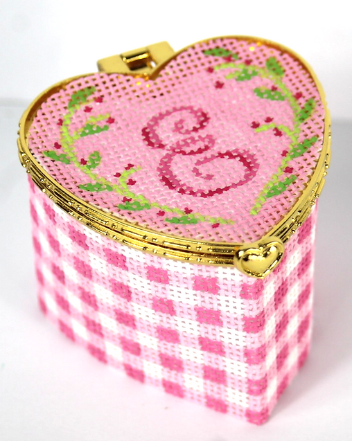 Limoges Box – Petite Heart Box – Pink Gingham w/ Floral Vine (rose gold clasp)