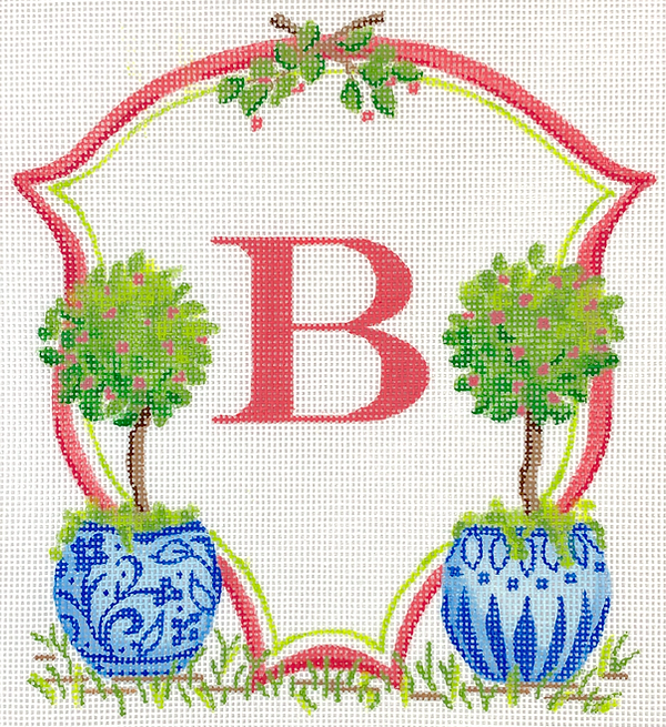 Monogram Crest – Topiaries w/ Coral Berries in Chinese Pots