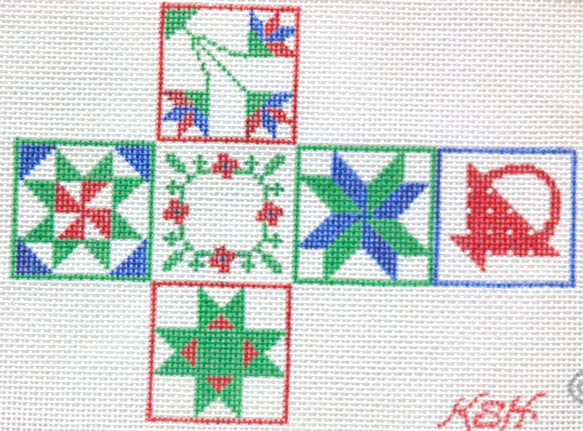 Christmas Ornament – Cube w/ Quilt Patterns #1 – red, blue & green
