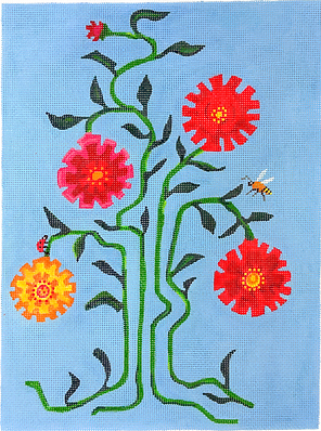 Adam Trest – Vibrant Zinnias on Bright Blue w/ Ladybug & Bee