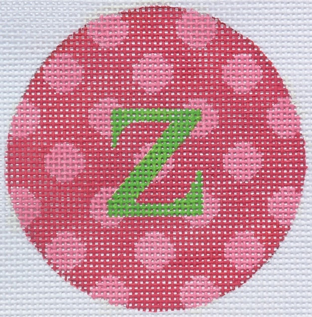 4” Round – Pink w/ Fuchsia Polka Dots, grass green letter