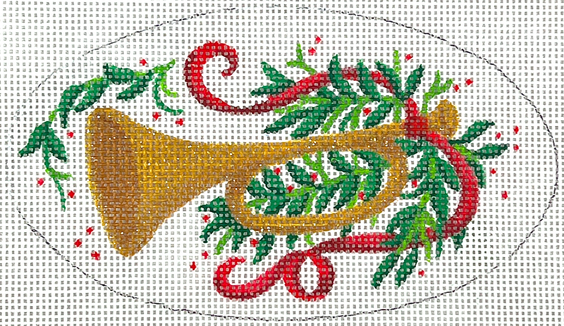 Christmas Ornament – Toy Trumpet w/ Red Ribbon & Greenery