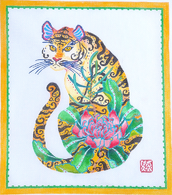 Gabby Malpas – Decorative Tiger w/ Pink Peony, Leaves & Yellow & Green Border