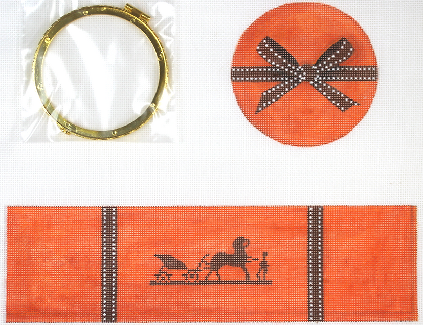 Limoges Box – X-Large Round Hermès Wrapped Box – orange & brown (gold clasp)