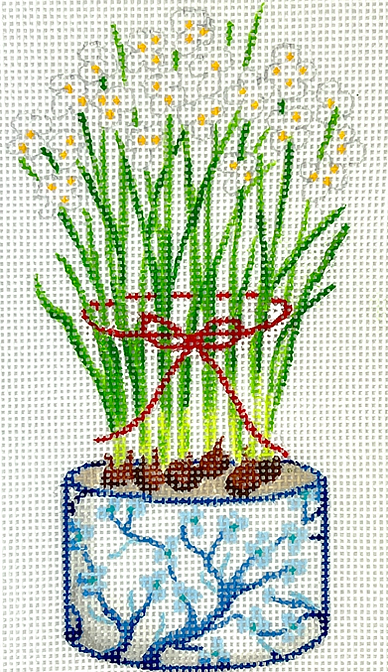 Christmas Ornament – Chinese Cache Pot – Blue & White w/ Cherry Tree, Paperwhites & Red Tie