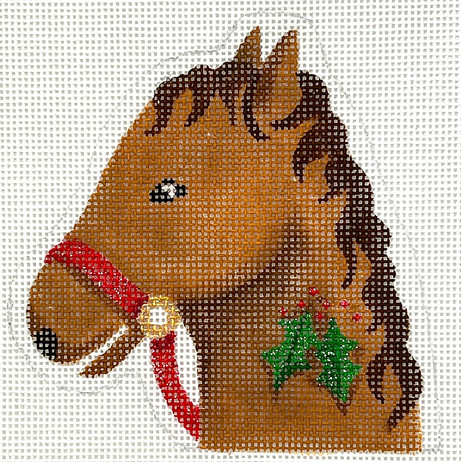 Christmas Ornament – Horse w/ Holly Candy Cane Holder – tan & brown