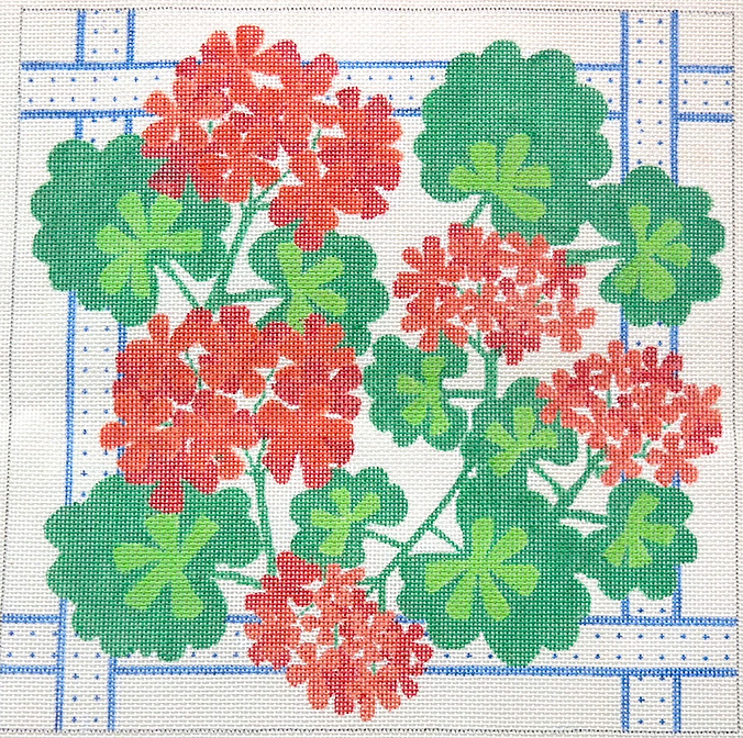 Geraniums Square w/ Ribbons – reds & greens w/ blues