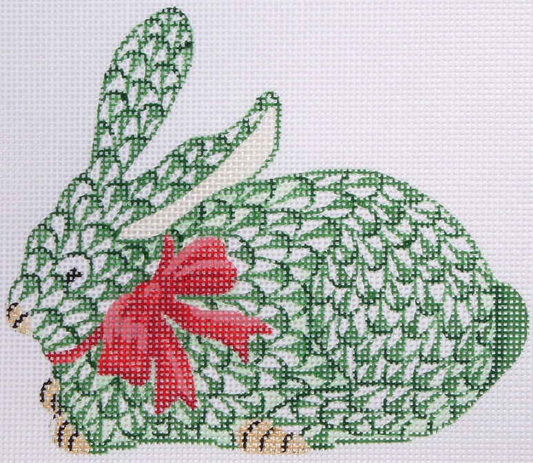 Christmas Ornament – Herend-style Crouching Bunny w/ Ribbon – green w/ red & gold