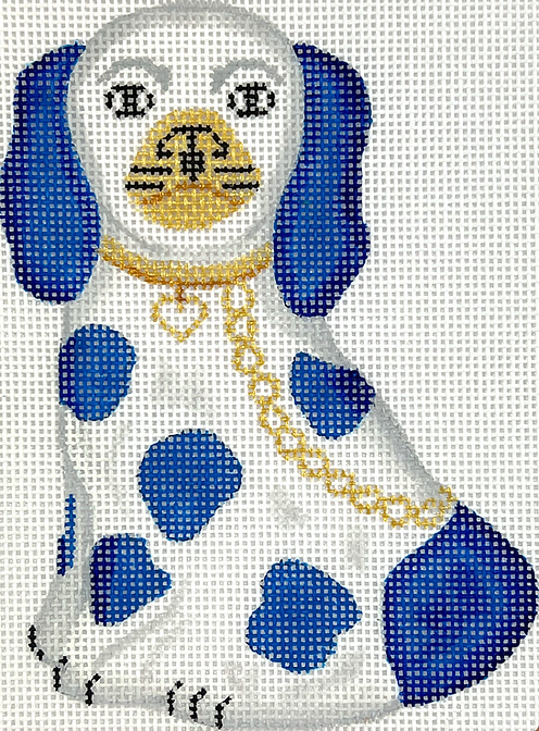 Mini Staffordshire Dog – White & Blue w/ Gold Chain & Heart Tag
