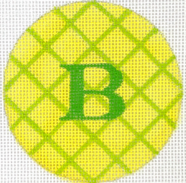 3" Round – Criss Cross – lemon with lime w/ bright green letter
