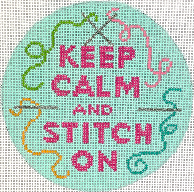 4” Round – Keep Calm & Stitch On – multi on light blue