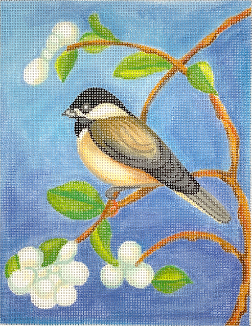 Sarah Saltus – Chickadee w/ Spring Blossoms – mixed blue background
