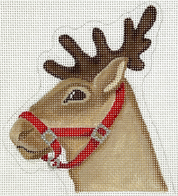 Christmas Ornament – Reindeer w/ Holly Candy Cane Holder – tans & brown