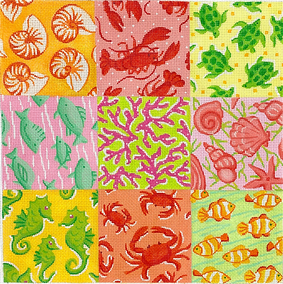 Tic Tac Toe Board – Lilly-inspired Seaside Patchwork – yellows, oranges, pinks & greens