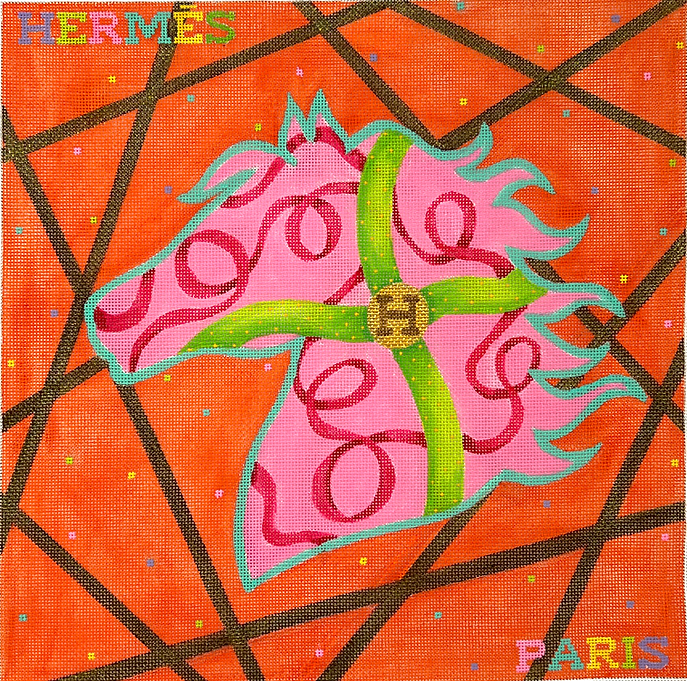 Designer Scarf Series – Hermès-Inspired Confetti Horse – brights on orange