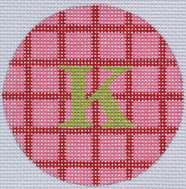 3" Round – Pink & Red Grid, Lime Letter