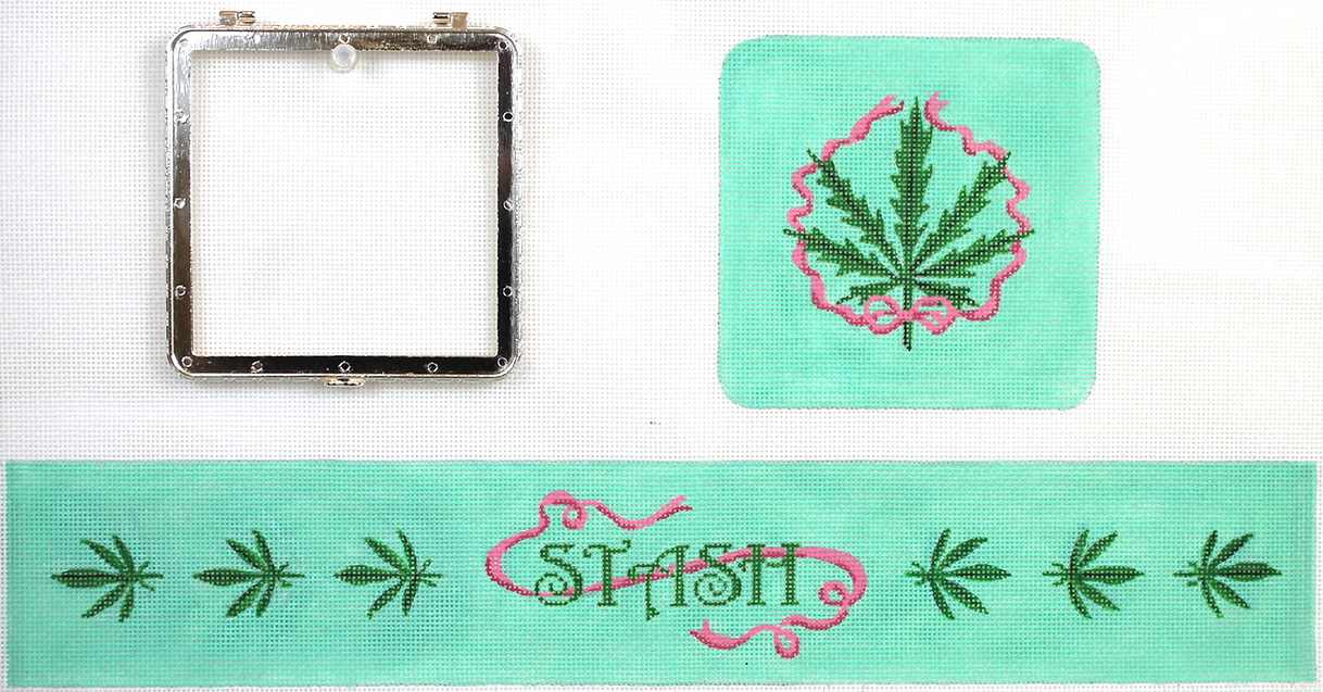 Drake Dickerson Limoges Box – Lg. Square Weed Stash Box – pinks & greens on turquoise (gold clasp)