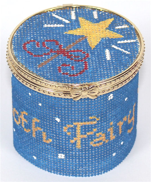 Limoges Box – Sm. Round Tooth Fairy – deep blue w/ gold & multi (gold clasp)