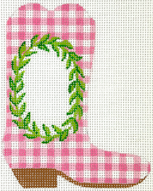 Mini Cowgirl Boot – Greenery Wreath on Pink Gingham w/ Monogram Space