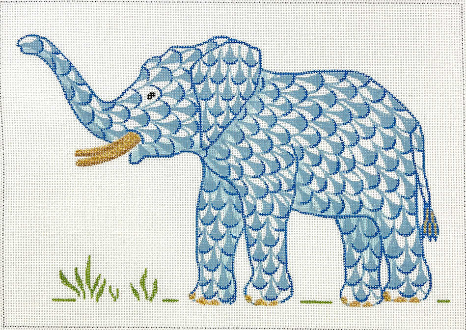 Herend-inspired Fishnet Elephant w/ Trunk Up – blue w/ gold