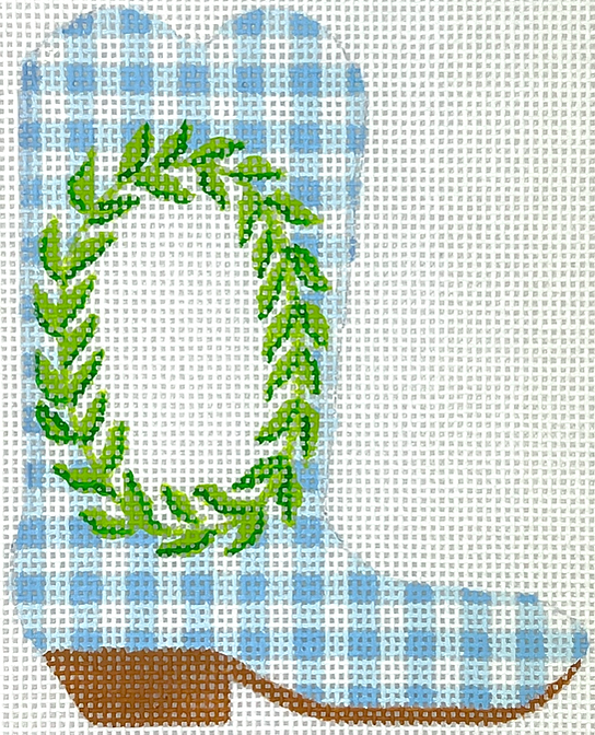 Mini Cowgirl Boot – Greenery Wreath on Blue Gingham w/ Monogram Space