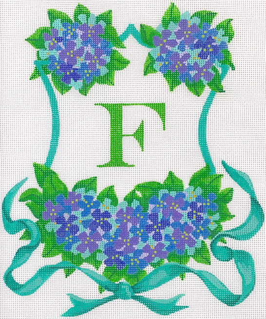 Monogram Crest – Hydrangeas & Ribbon – blues, lavenders, turquoise