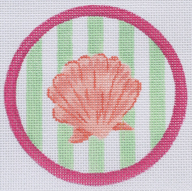 4" Round – Scallop on Soft Green Cabana Stripes