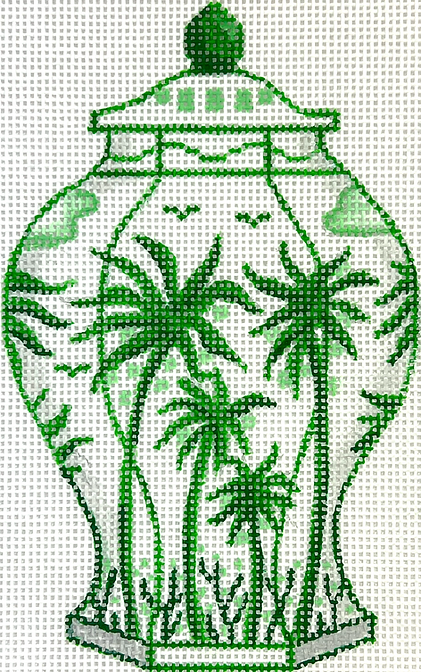 Mini Chinese Vase – Tall Green & White w/ Palm Trees & Coconuts