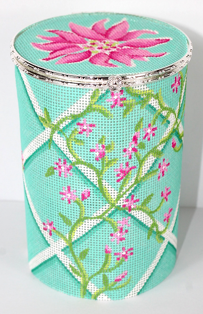 Limoges Box – X-Large Round Garden Trellis & Dahlia – pinks, greens & Caribbean (silver clasp)