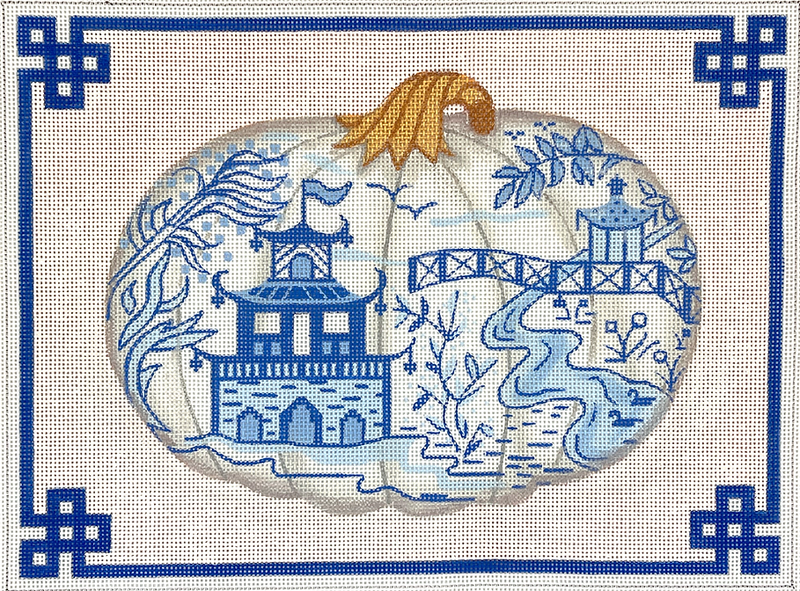 Chinoiserie Porcelain Pumpkin w/ Chinese border & White Background – blues & gold