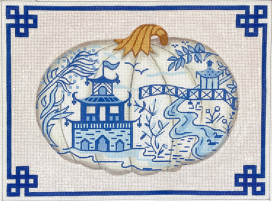 Chinoiserie Porcelain Pumpkin w/ Chinese border & White Background – blues & gold